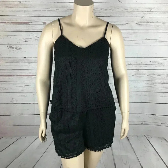 AMERICAN RAG Plus Size Pom Pom Trim Romper, Black, 0X - Picture 5 of 7